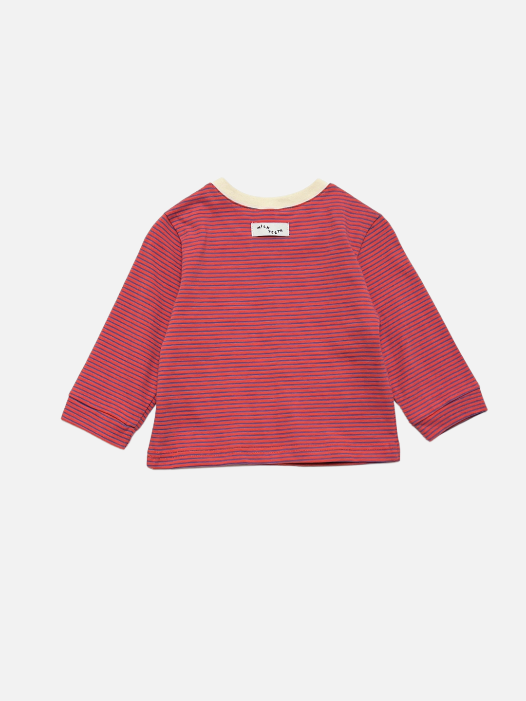 BABY STRIPE LONGSLEEVE featuring red and navy stripes, a white collar, and crafted from soft cotton jersey for baby and toddler comfort, displayed from the back against a plain white background.