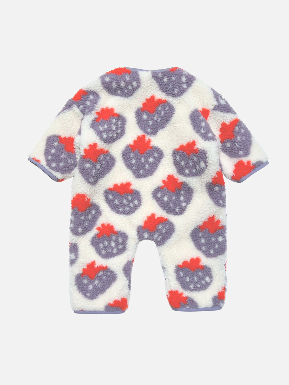 STRAWBERRY SHERPA FLEECE STROLLER SUIT featuring a long-sleeved sherpa fleece design with a white, purple, and red strawberry pattern and purple trim.