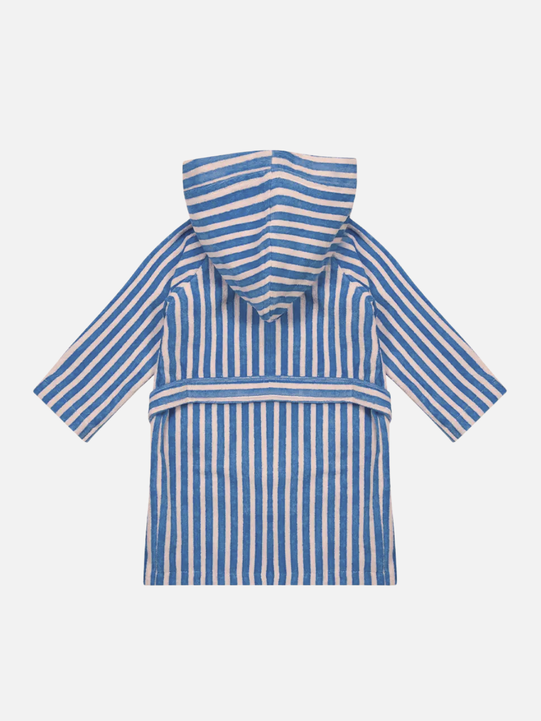 The STRIPED ROBE is a children’s bathrobe with blue and white vertical stripes, long sleeves, and a matching belt. Made from velvety-soft OEKO-TEX certified cotton. Shown flat on a white background.