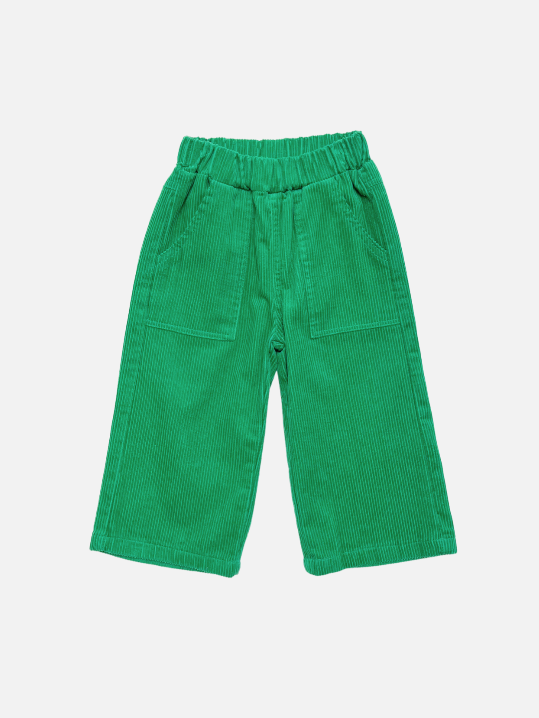 Kelly green corduroy pants for toddlers, featuring an elastic waistband, side pockets, and a relaxed straight-leg fit, shown flat on a light gray background.