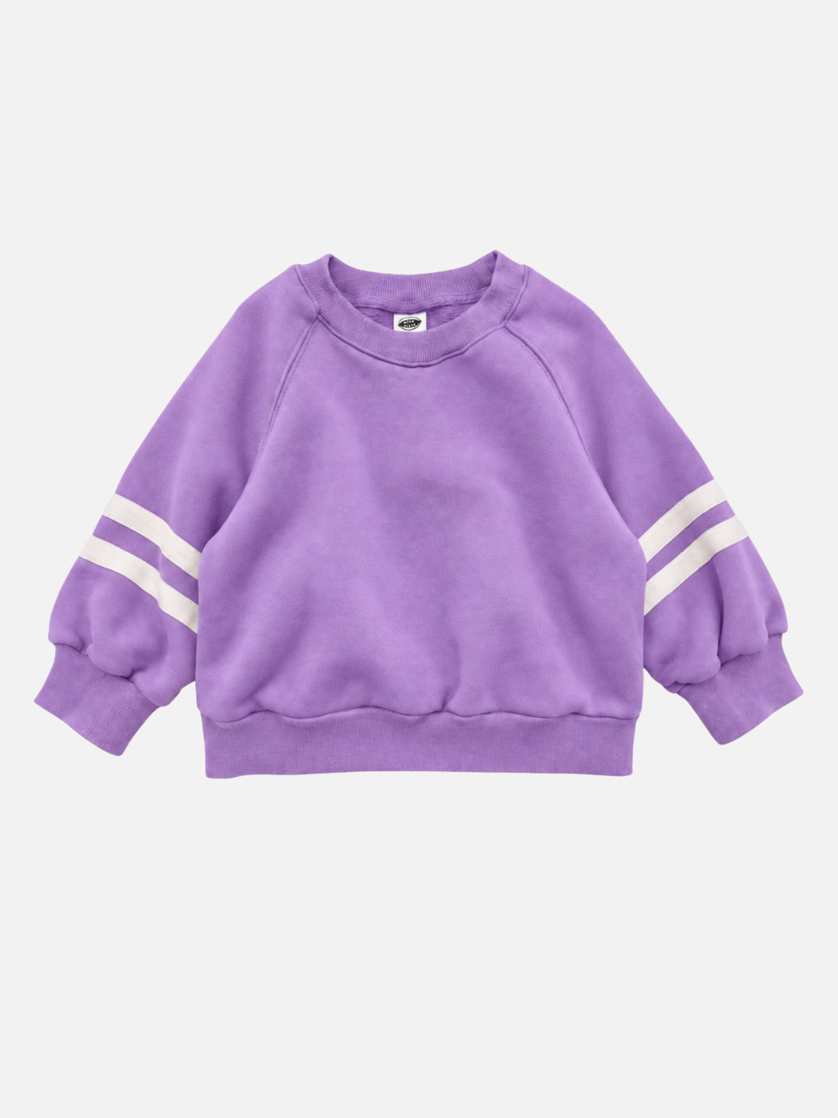 Front view of kids crewneck sweatshirt in violet purple with two white stripes on each sleeve