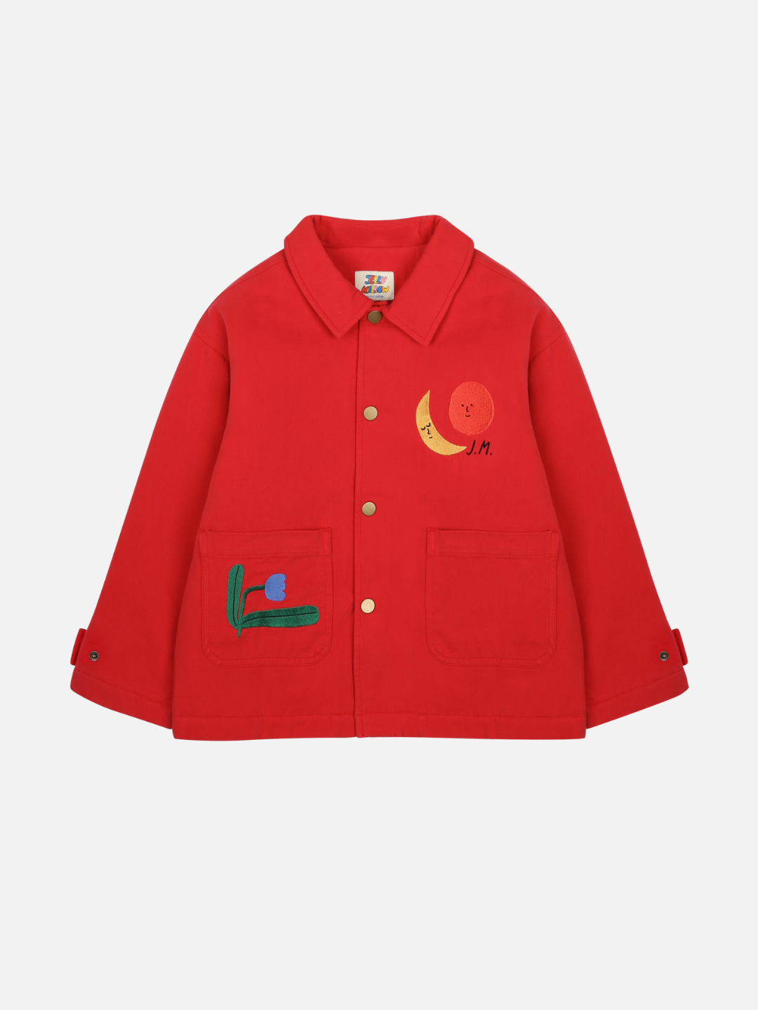 The COLORED NATURE JACKET features a red button-up style with two front pockets, a yellow and red embroidered face on the left chest, and a green and purple flower on the right pocket