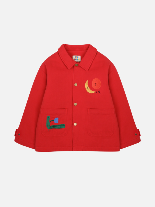 Image of The COLORED NATURE JACKET features a red button-up style with two front pockets, a yellow and red embroidered face on the left chest, and a green and purple flower on the right pocket