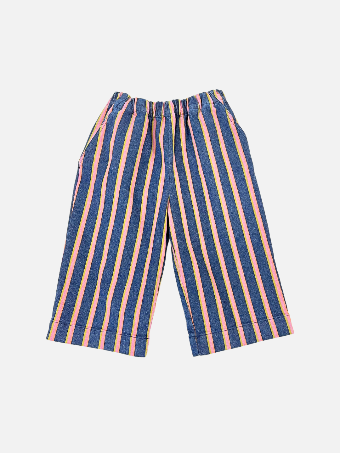 The EVER DENIM WIDE LEG STRIPED TROUSERS are unisex pants with vertical yellow, pink, and green stripes on white, ideal for a minimalist but vibrant look.