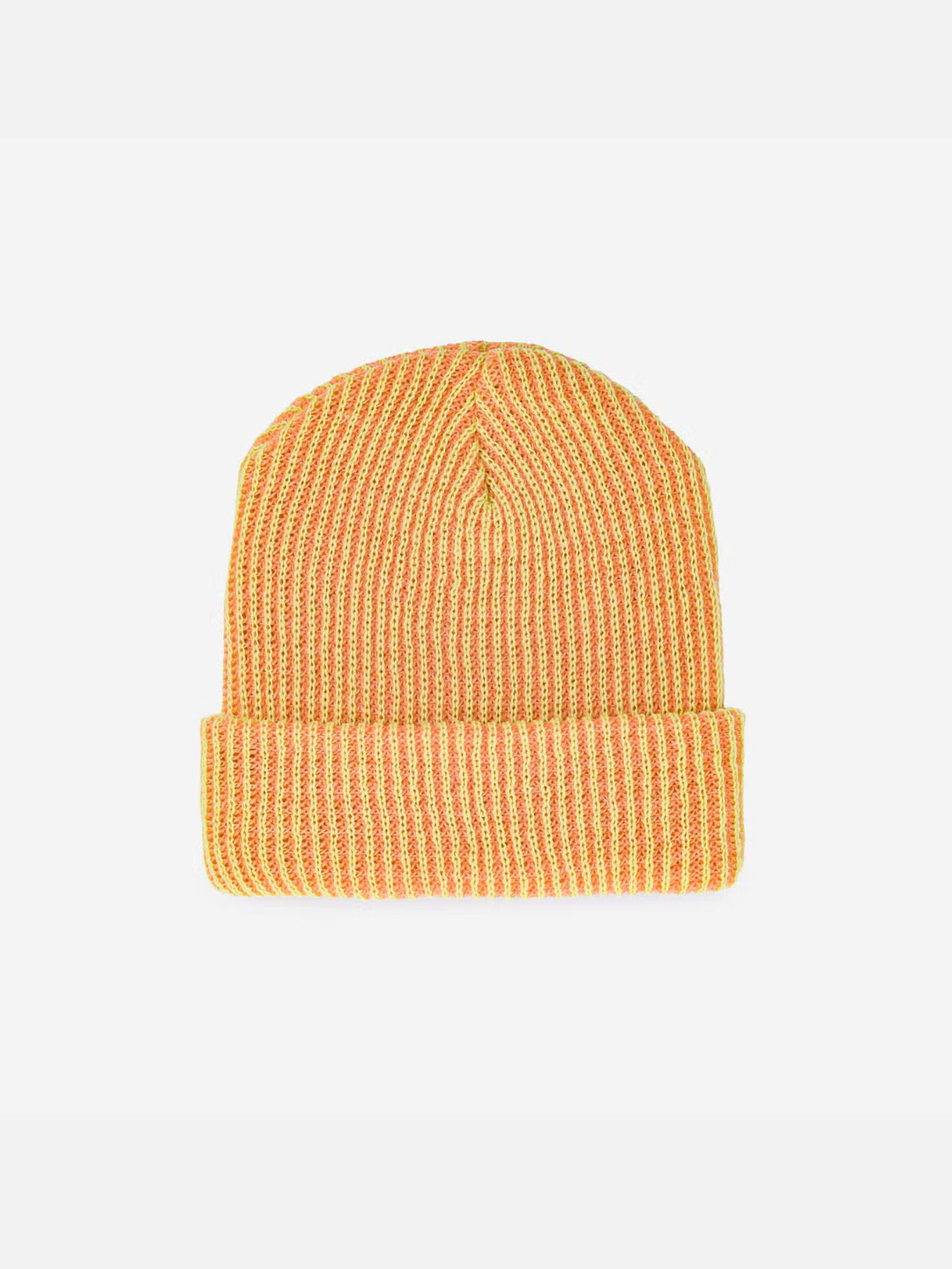 Front view of a peachy orange ribbed beanie for big kids and adults, with a ribbed cuff. The ribbed texture reveals a second yarn color that's yellow.