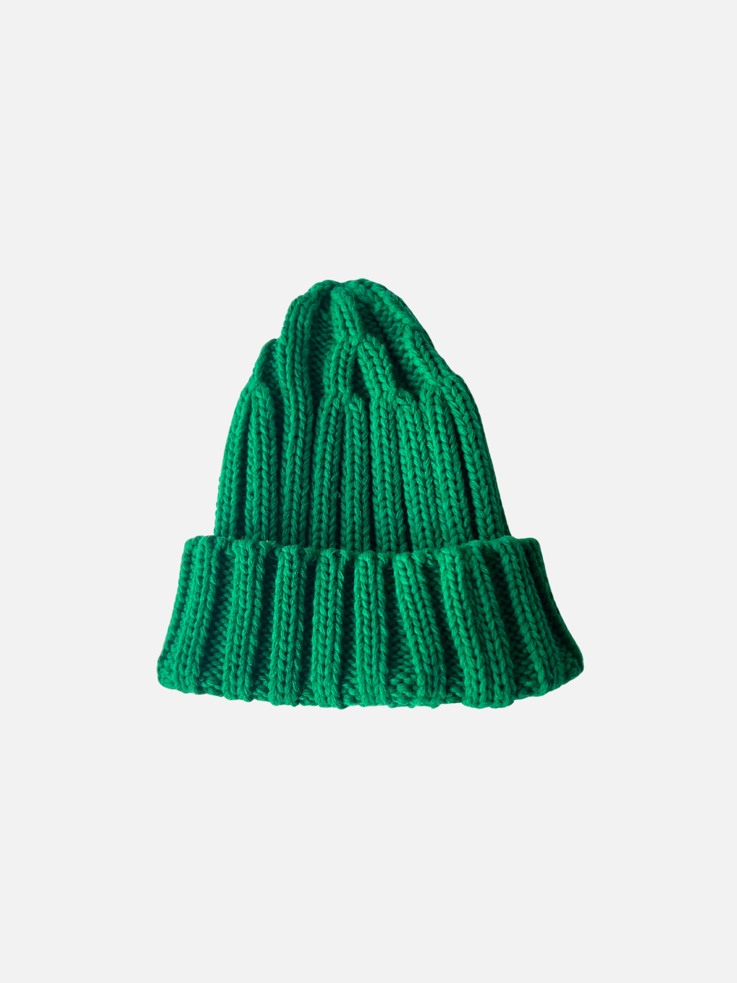 Green | The CHUNKY RIB KNIT BEANIE in green features a chunky ribbed knit and a folded brim, shown on a plain white background.