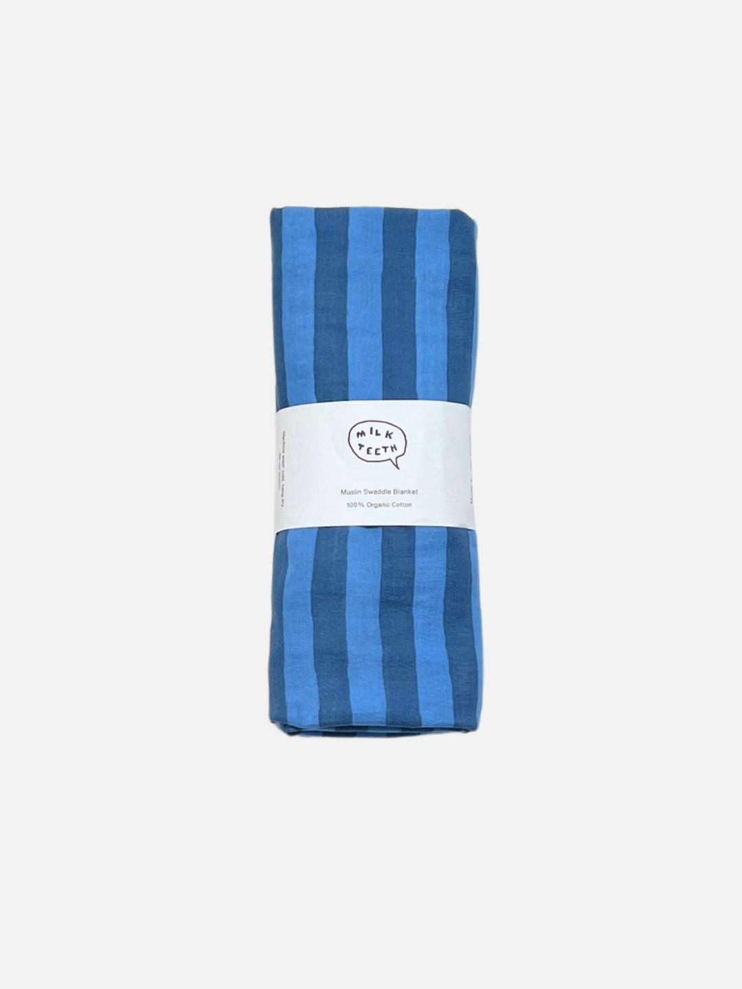 Blue Stripe | A medium blue and darker blue striped cotton swaddle is shown rolled up with a white Milk Teeth label around the middle.