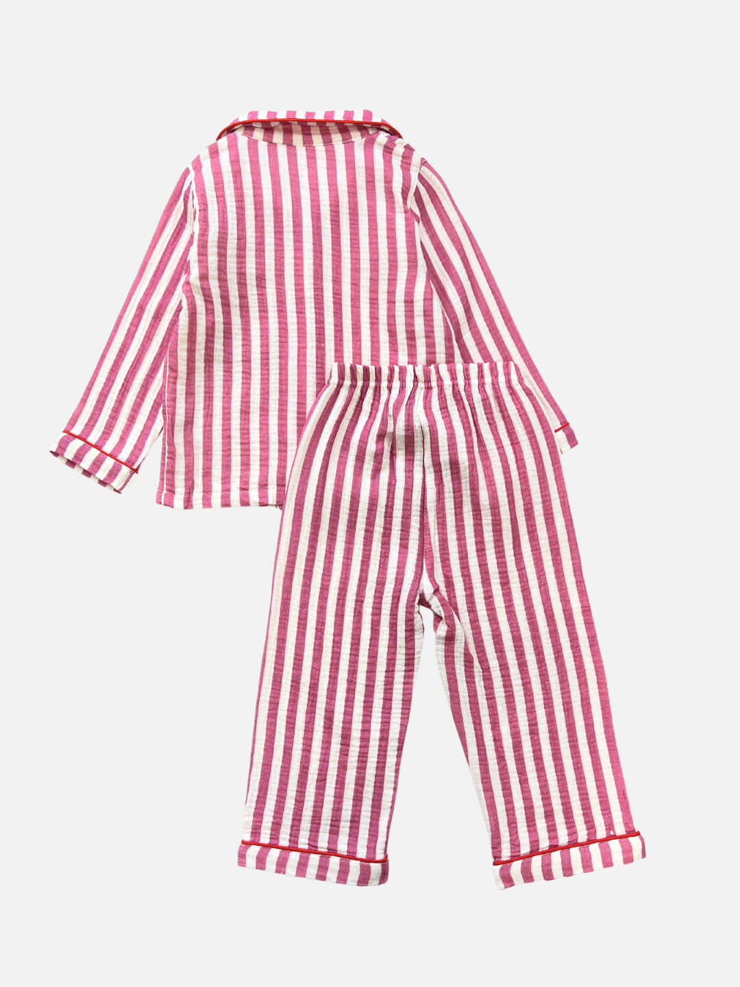 Pink Stripe | The MOVIE NIGHT SET includes a red and white striped  set made from breathable cotton muslin with a long-sleeve top and pants, shown on a plain background.