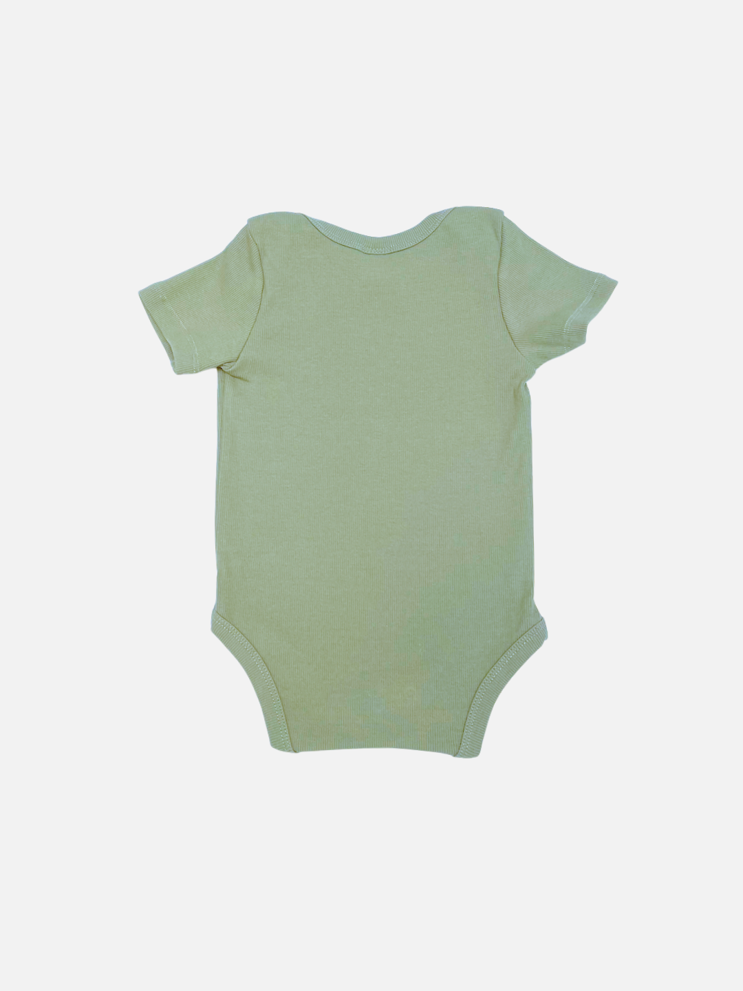 The FLOWER SHORT SLEEVE ONESIE is a light green ribbed cotton bodysuit with short sleeves, displayed flat on a white background and shown from the back—perfect for quick diaper changes.
