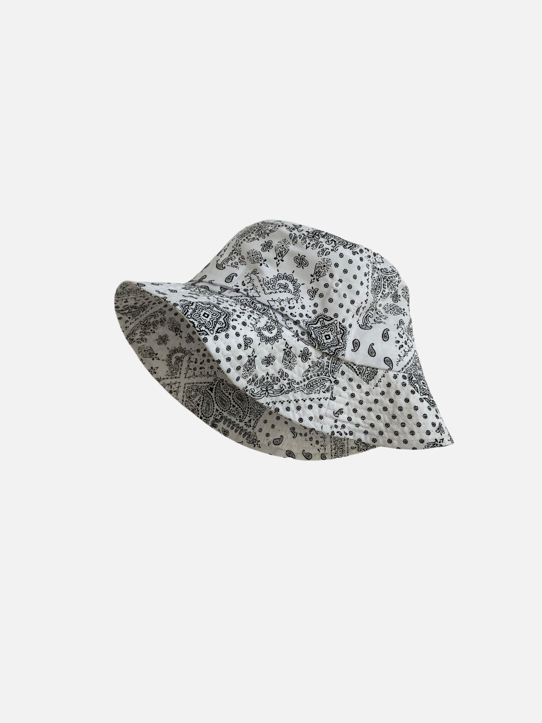 A white kids bucket hat with a bandana print shown from the side