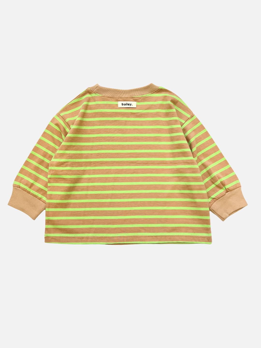 Lime/Sand | The BAILEY STRIPE LONGSLEEVE is a Korean kids’ tee made from soft cotton, featuring green and brown stripes, tan cuffs, and a "bailey." label on the upper back.