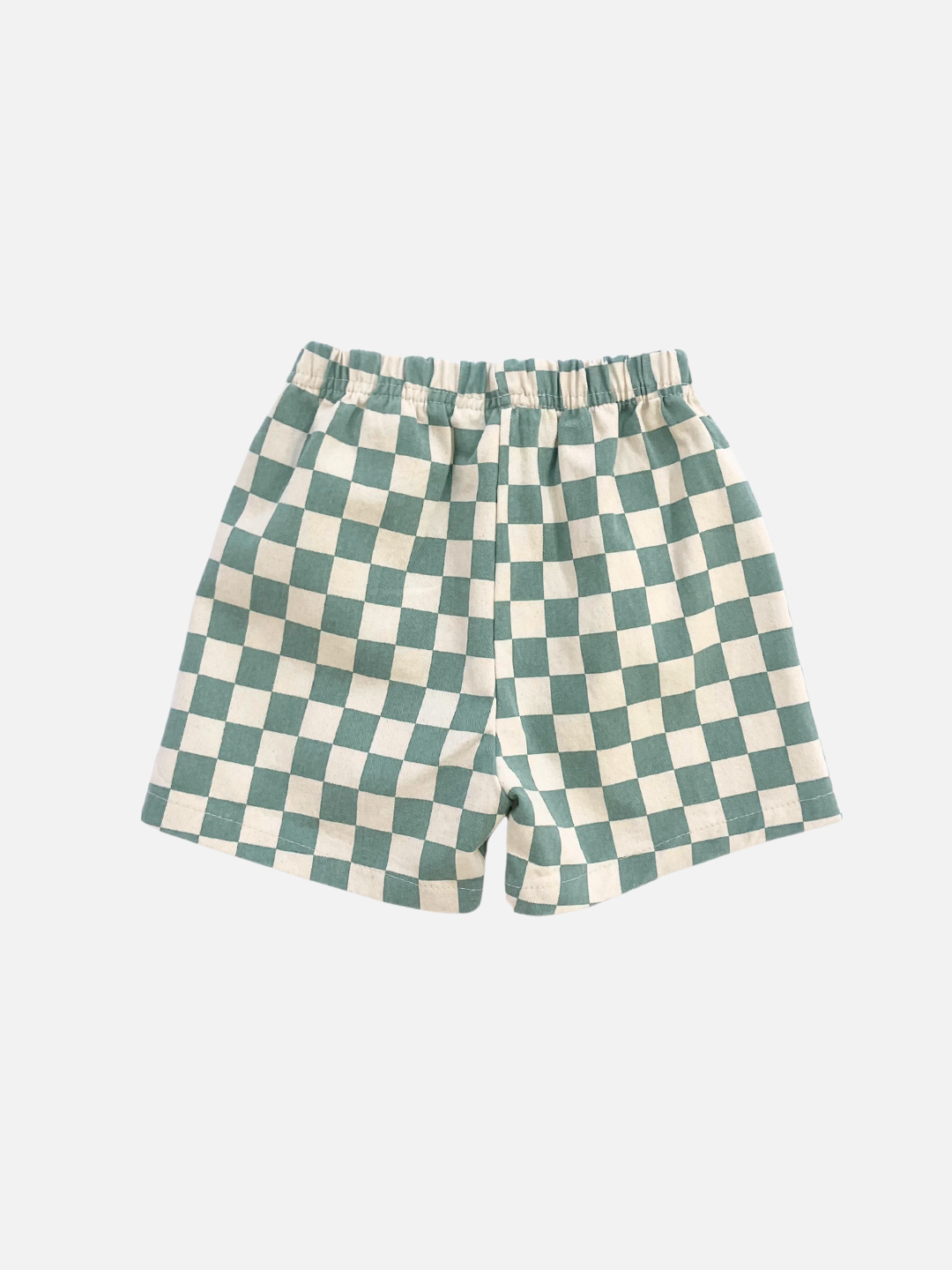 A back view of the kid's Frankie Short in Teal & Ivory check