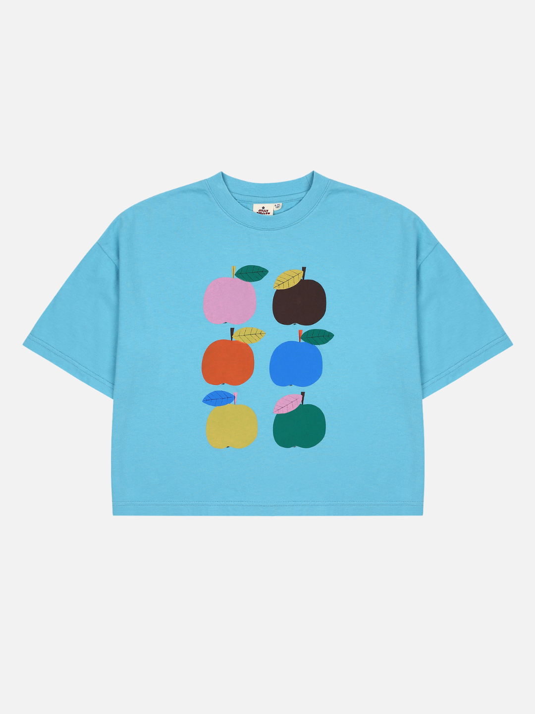Front of Colorful Apple Tshirt. Six differently colored apple motifs in two vertical rows on a light blue background.