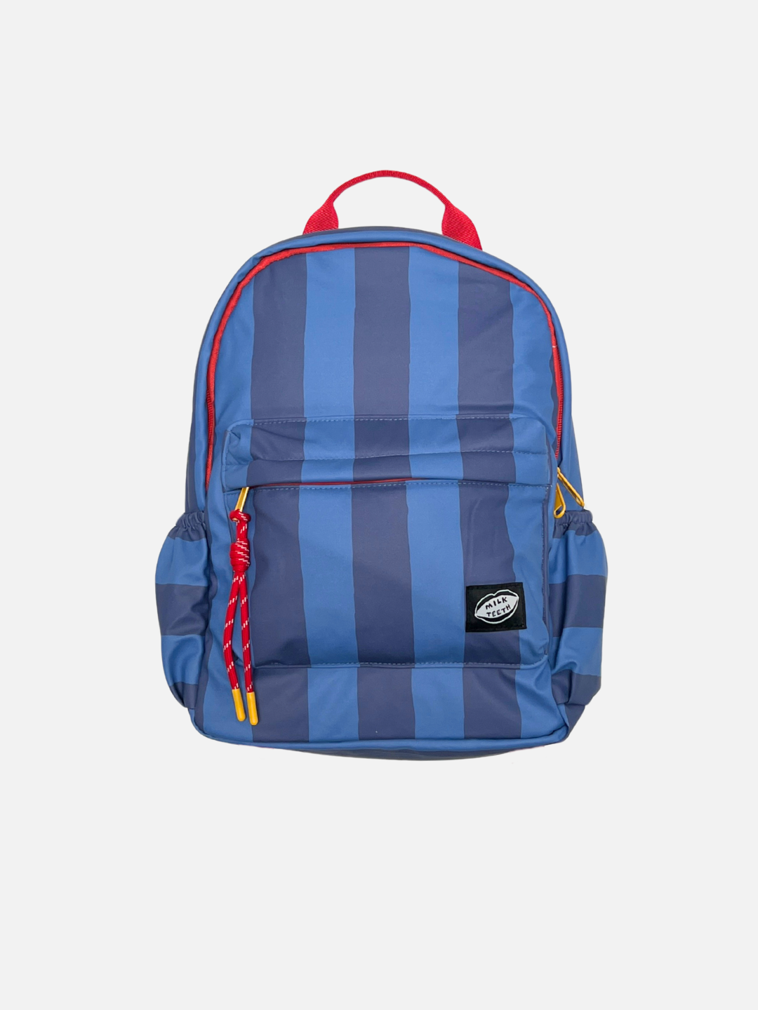 Blue Stripe | A kids backpack featuring vertical medium blue and dark blue stripes, with a navy top handle, a front zippered pocket, and a black Milk Teeth logo patch on the pocket.