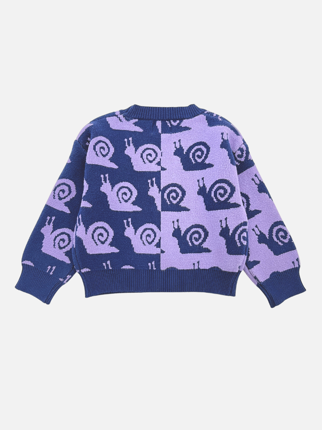 Introducing the Escargot Cardigan – a long-sleeved sweater designed with a striking split of purple and navy blue, adorned with a charming repeating snail pattern throughout. For exact measurements, please refer to the product description.