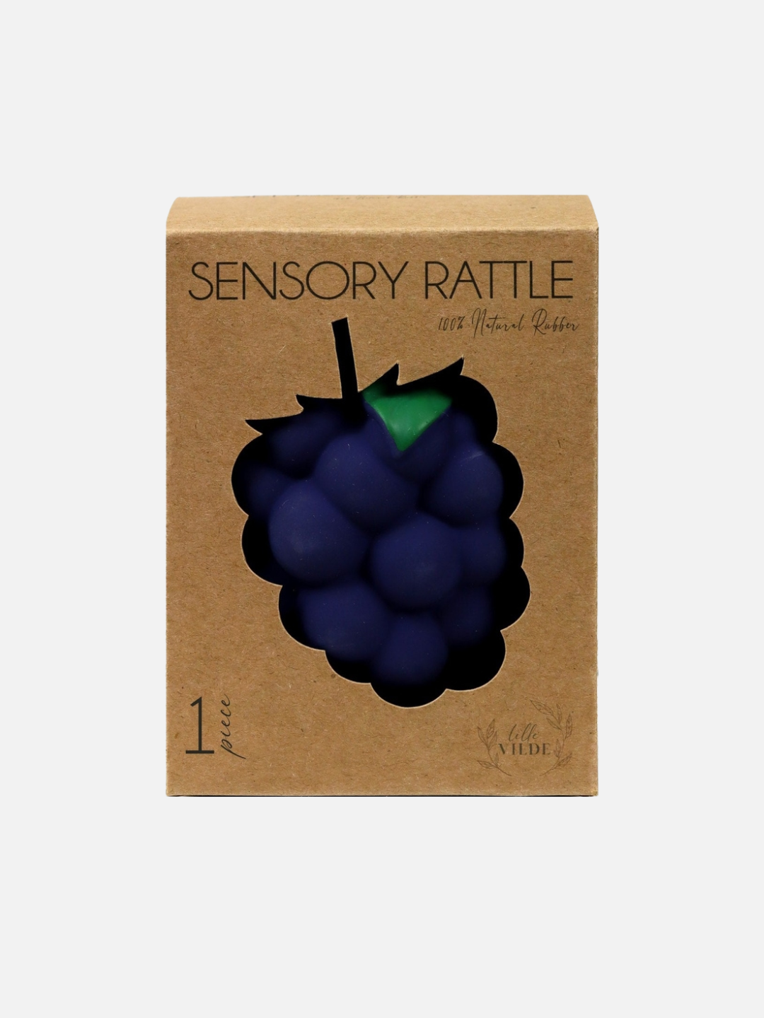 BLACKBERRY | A brown box with a clear window displays the BERRY RATTLE TEETHER, a sensory toy rattle shaped like a a blackberry. The box reads "Handmade Natural Rubber Toys." Perfect for soothing sore gums, this eco-friendly sensory rattle is designed for both fun and relief.