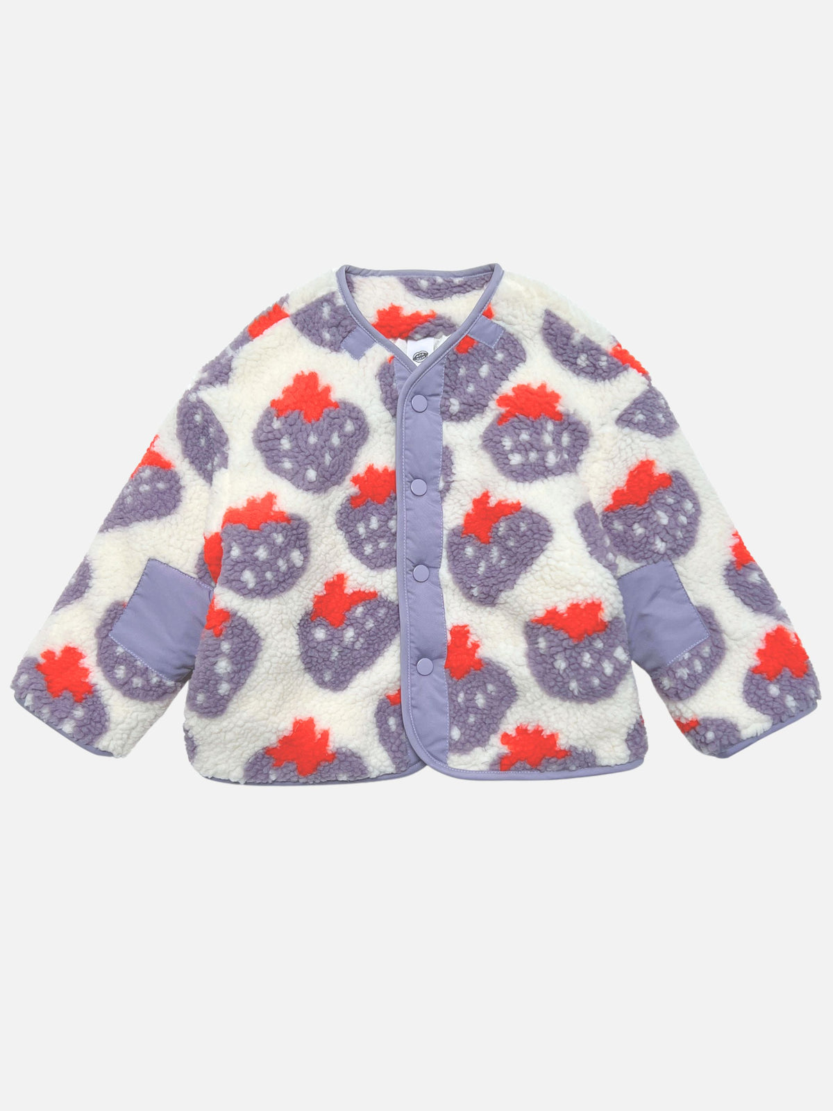 Front view of kids collarless sherpa jacket in cream fleece patterned all over in a purple and red strawberry print, with front snap closure