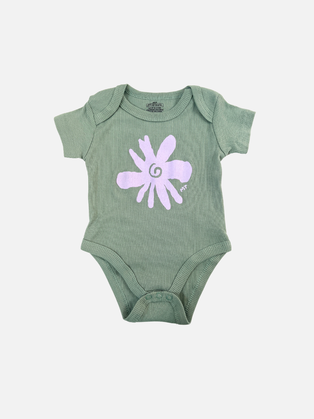 Green | Green RIBBED COTTON ONESIE with a white abstract flower design, featured in our Baby Bodysuits collection.