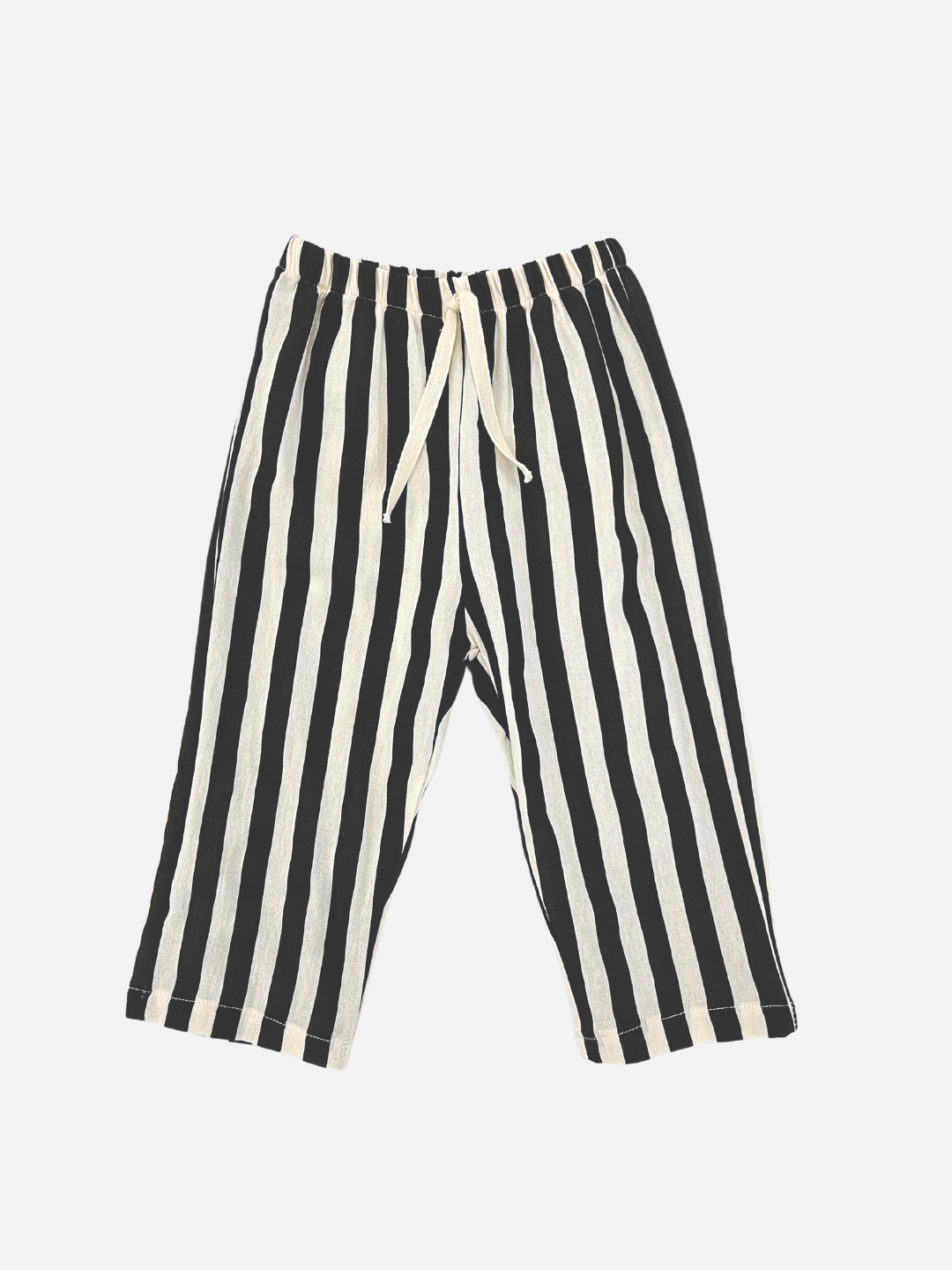 Front view of the kid's striped pants in black stripe