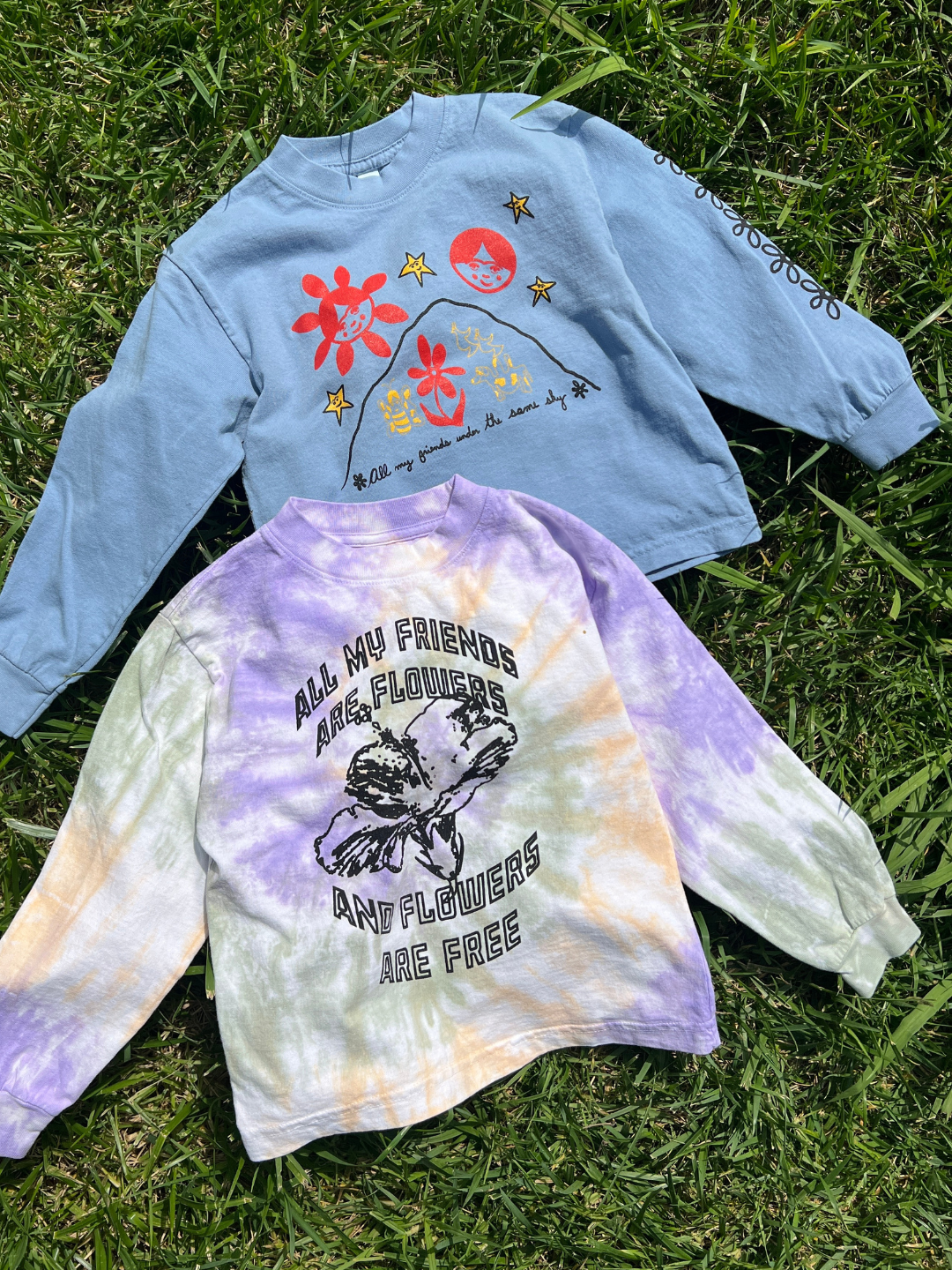 Two ALL MY FRIENDS LONGSLEEVE shirts with graphic prints and text are laid side by side on grass in sunlights.