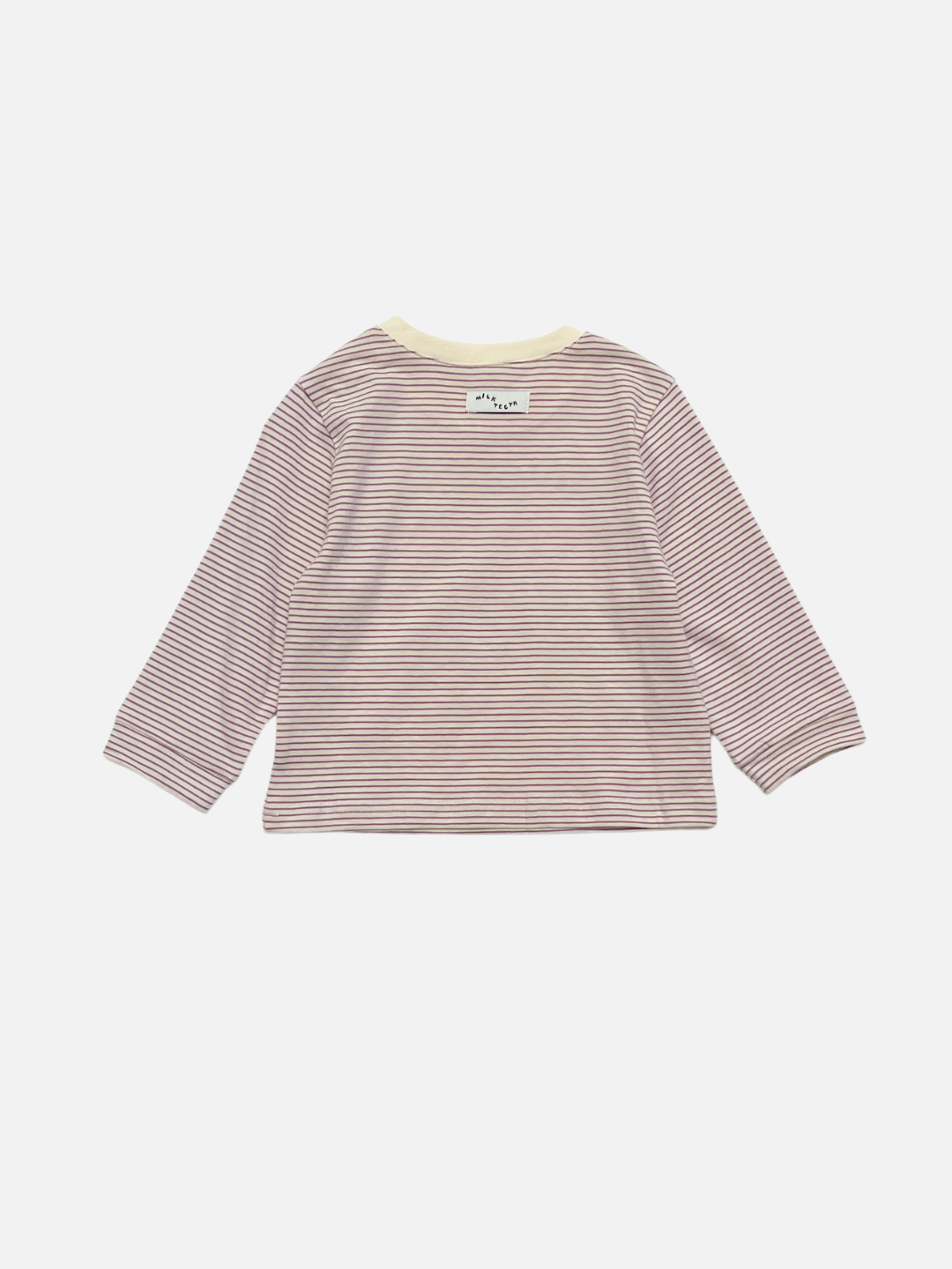 White/Purple | The BABY STRIPE LONGSLEEVE is a long-sleeved, crew-neck shirt made from soft cotton jersey with thin horizontal maroon and white stripes, shown from the back and finished with a small label near the collar—perfect for baby and toddler basics and effortless dressing.