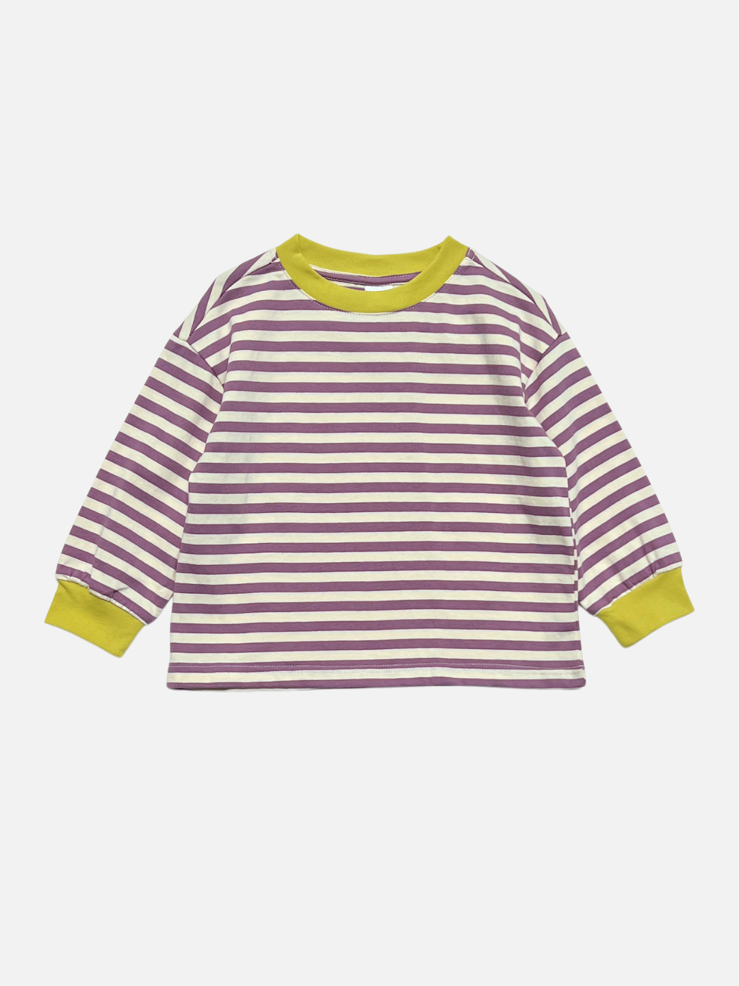 Purple/Ecru | STRIPE LONGSLEEVE crafted from 100% cotton jersey in a relaxed fit, showcasing purple and white stripes with contrasting yellow collar and cuffs, shown against a plain white background.