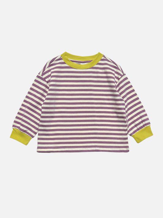 Image of Purple/Ecru | STRIPE LONGSLEEVE crafted from 100% cotton jersey in a relaxed fit, showcasing purple and white stripes with contrasting yellow collar and cuffs, shown against a plain white background.