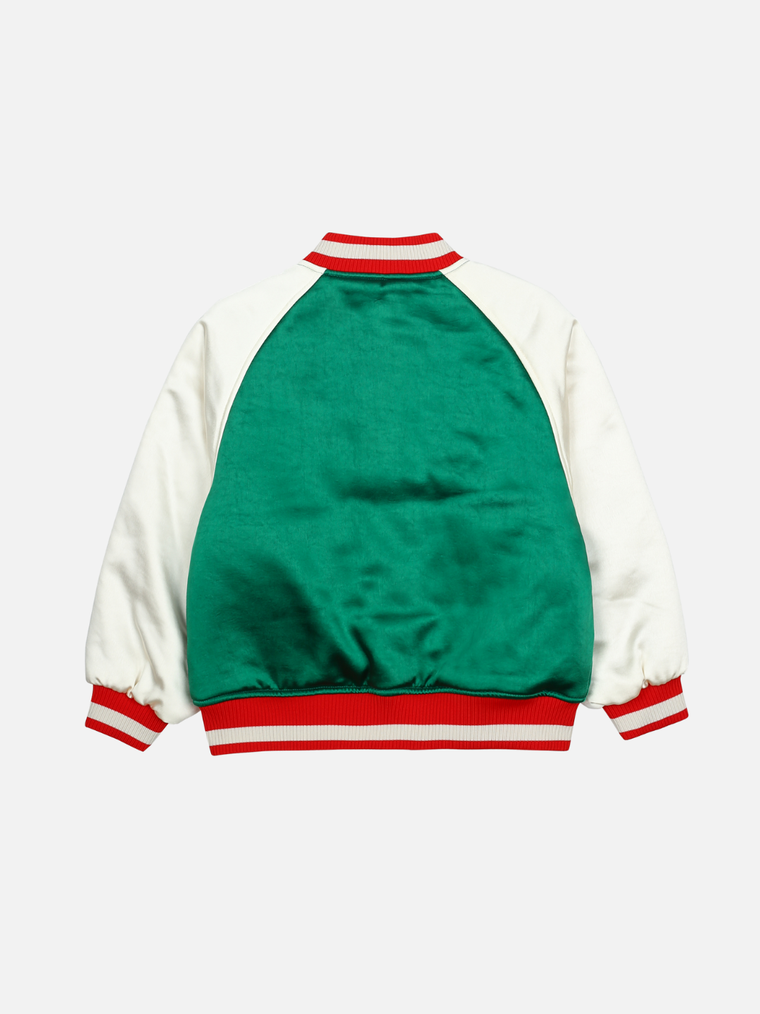 A green and white varsity-style BOOM REVERSIBLE JACKET seen from the back, perfect for merchandising. It features white sleeves with red and white striped cuffs, a green torso, and a red and white striped collar and waistband. The jacket is laid flat against a plain white background, ideal for alt text use.