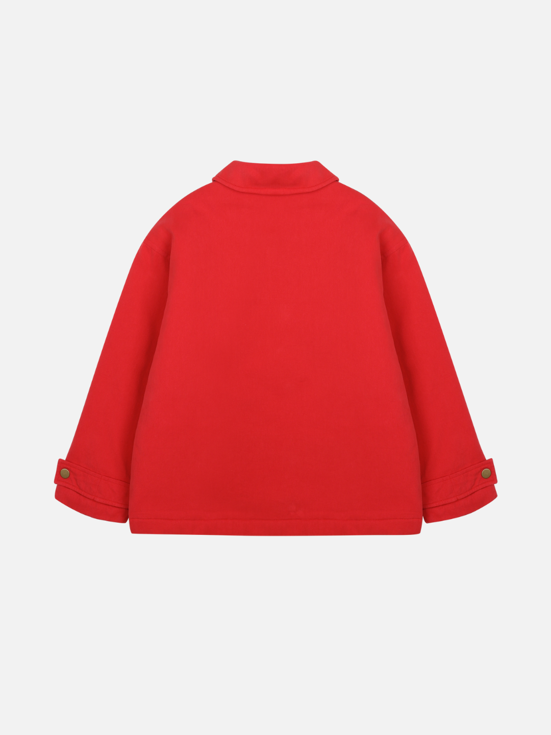 The COLORED NATURE JACKET is shown from the back in plain red, with long sleeves, buttoned cuffs, and a simple collar against a white background