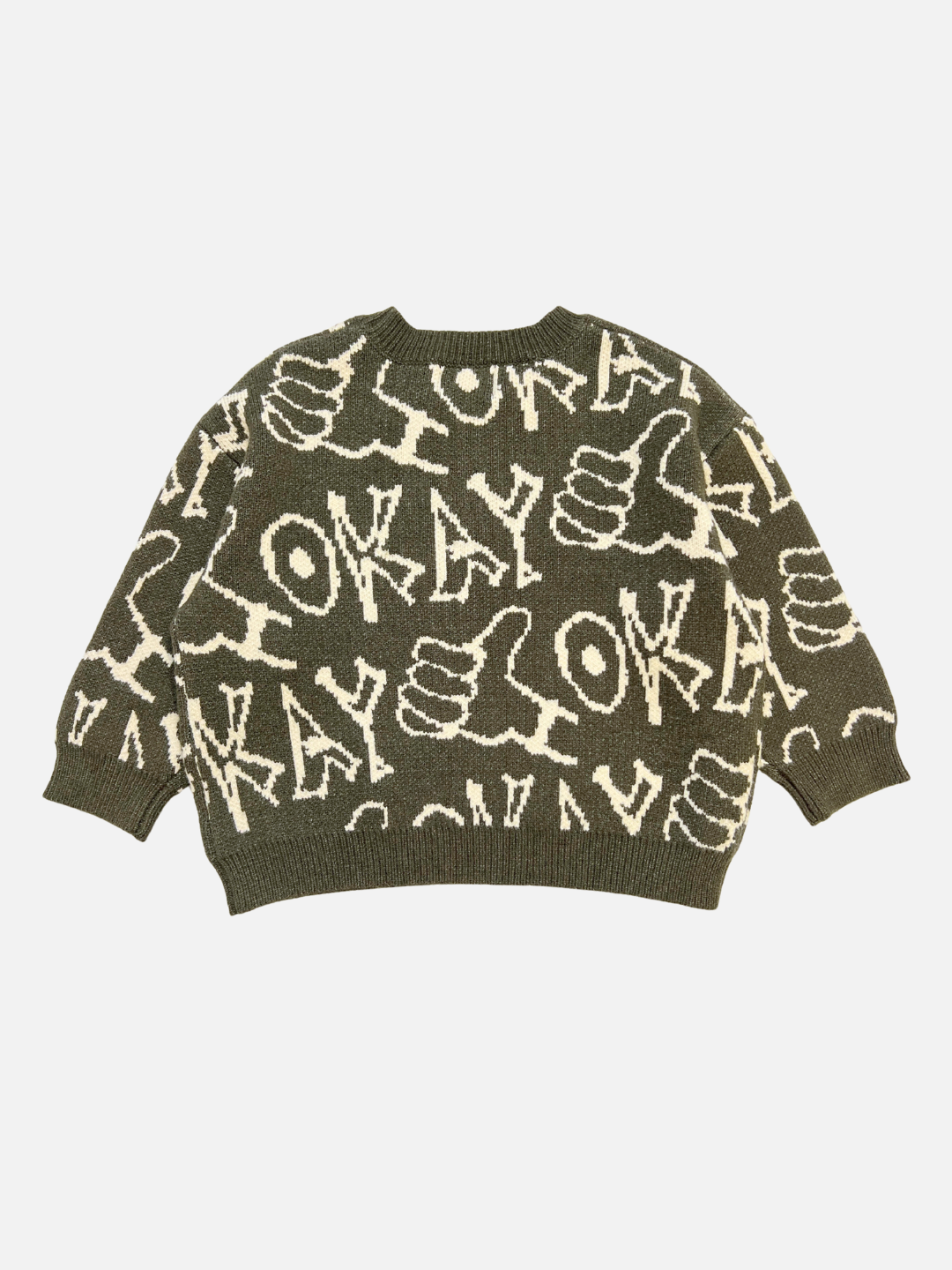 The OKAY SWEATER is a dark green knit sweater with white "OKAY" text and hand thumbs-up graphics all over.