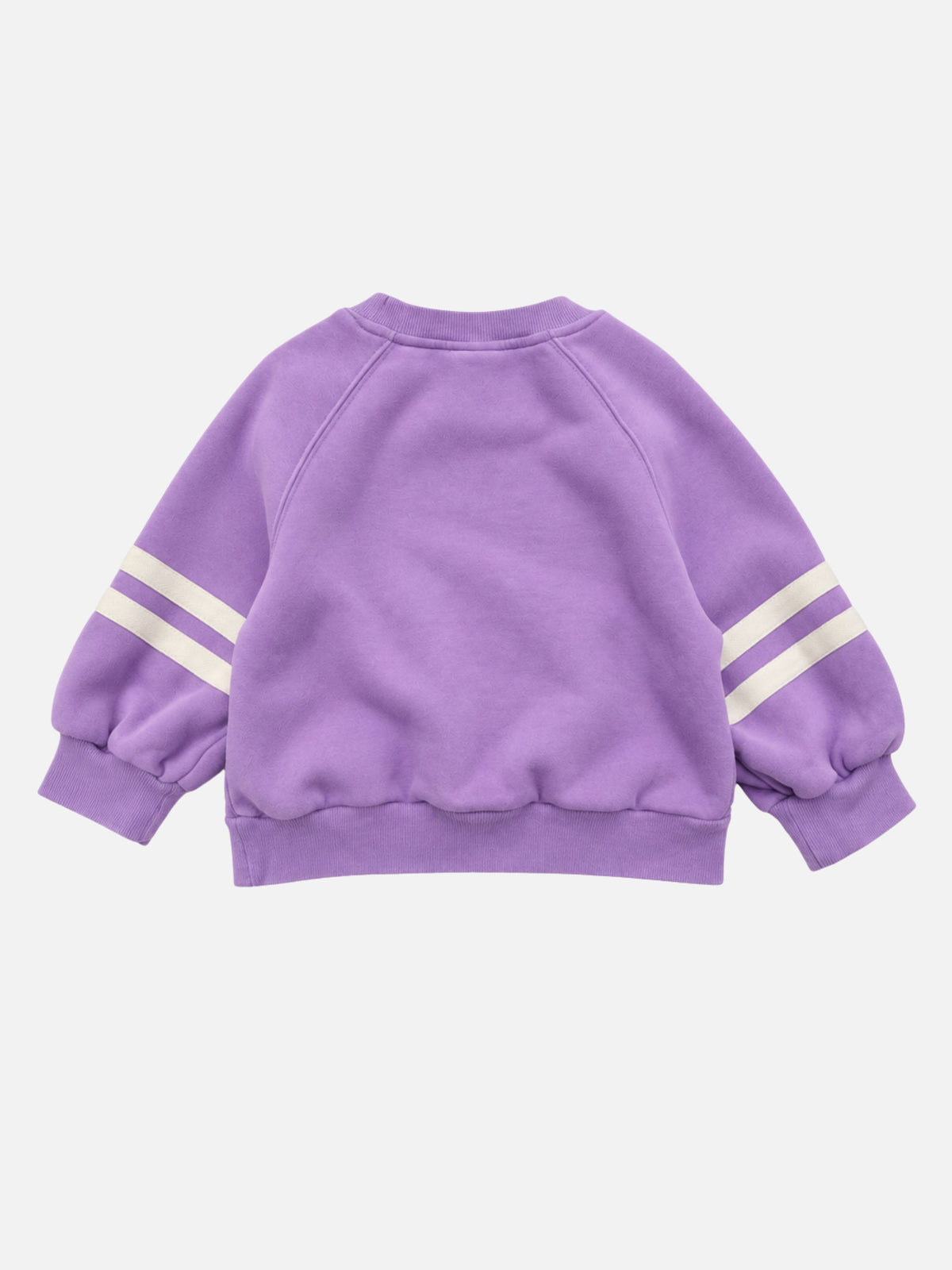 Back view of kids crewneck sweatshirt in violet purple with two white stripes on each sleeve