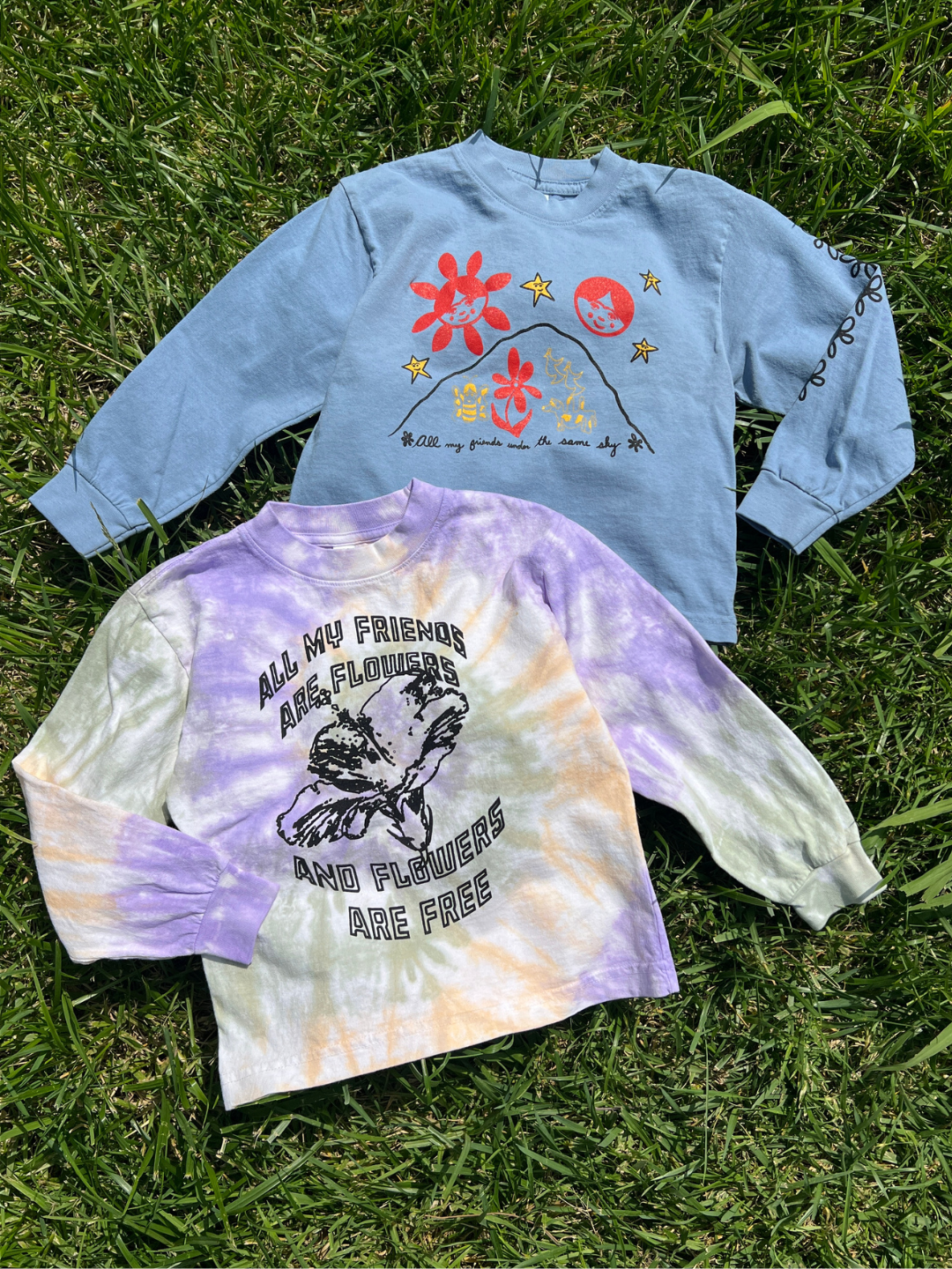 The ALL MY FRIENDS LONGSLEEVE, a pastel tie-dye longsleeve tee with a bold flower graphic and the phrase "All my friends are flowers and flowers are free," rests on grass in sunlight, with the other colorway in blue.