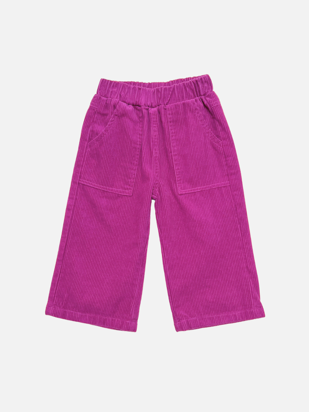 Bright pink kids corduroy pants with an elastic waistband and front patch pockets, shown flat on a light gray background.