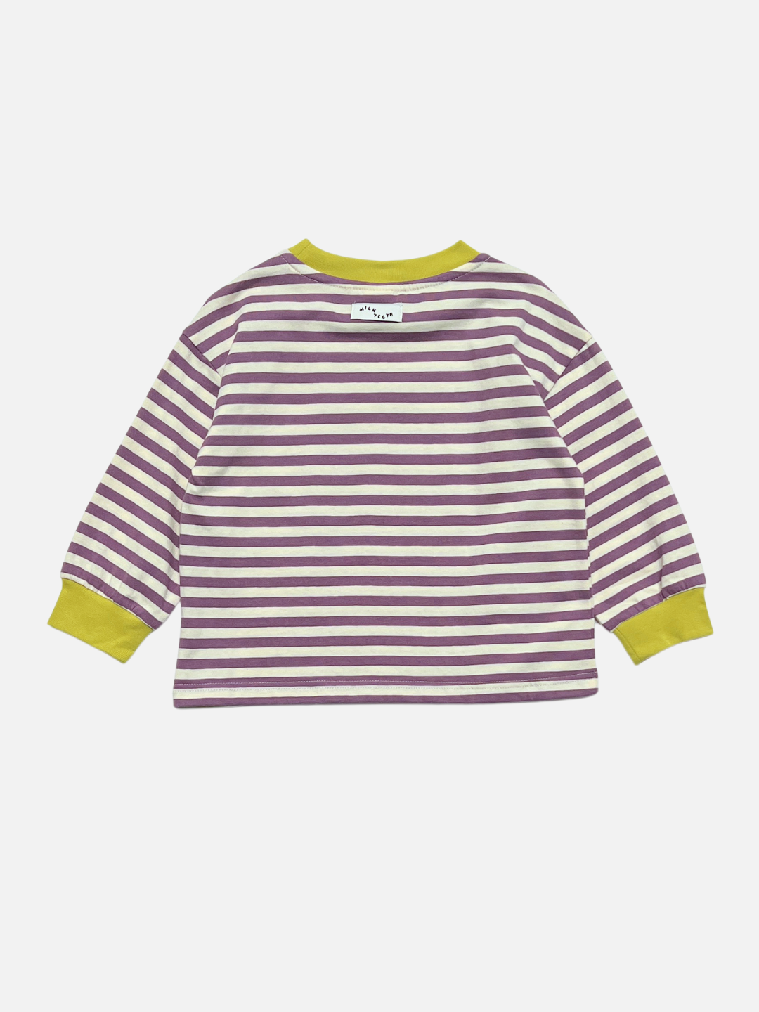 The STRIPE LONGSLEEVE is a relaxed-fit, 100% cotton jersey tee featuring bold purple and white stripes, complemented by vibrant yellow cuffs and a matching yellow collar. The shirt is shown laid flat with the back side visible.