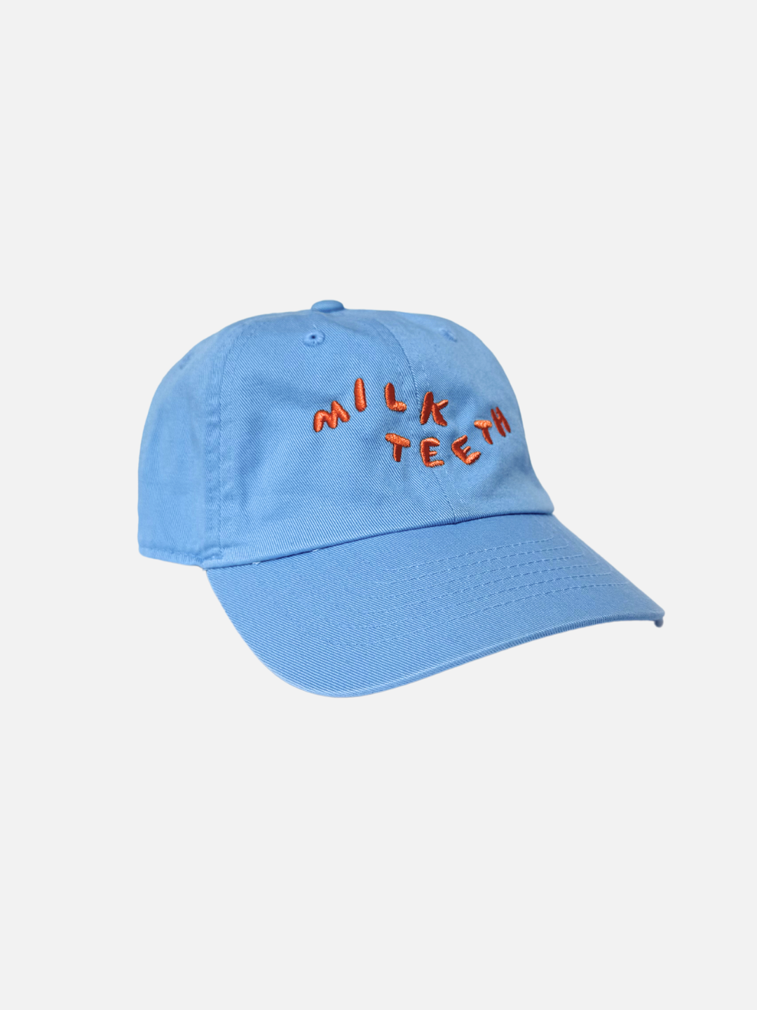 Sky Blue | A front view of the Milk Teeth Cap with orange embroidery