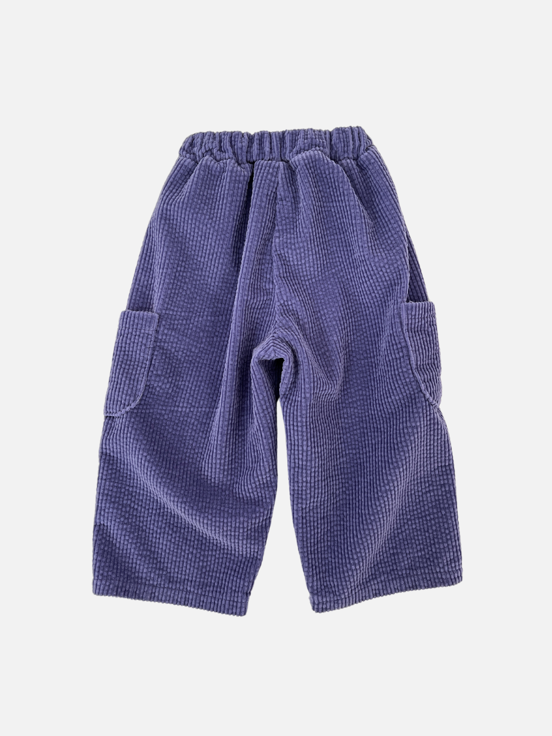 Purple | The CORD POCKET PANT is a pair of baggy bluish-purple corduroy pants from a trendy Korean kids brand, showcasing an elastic waistband and two large side pockets, set against a white background