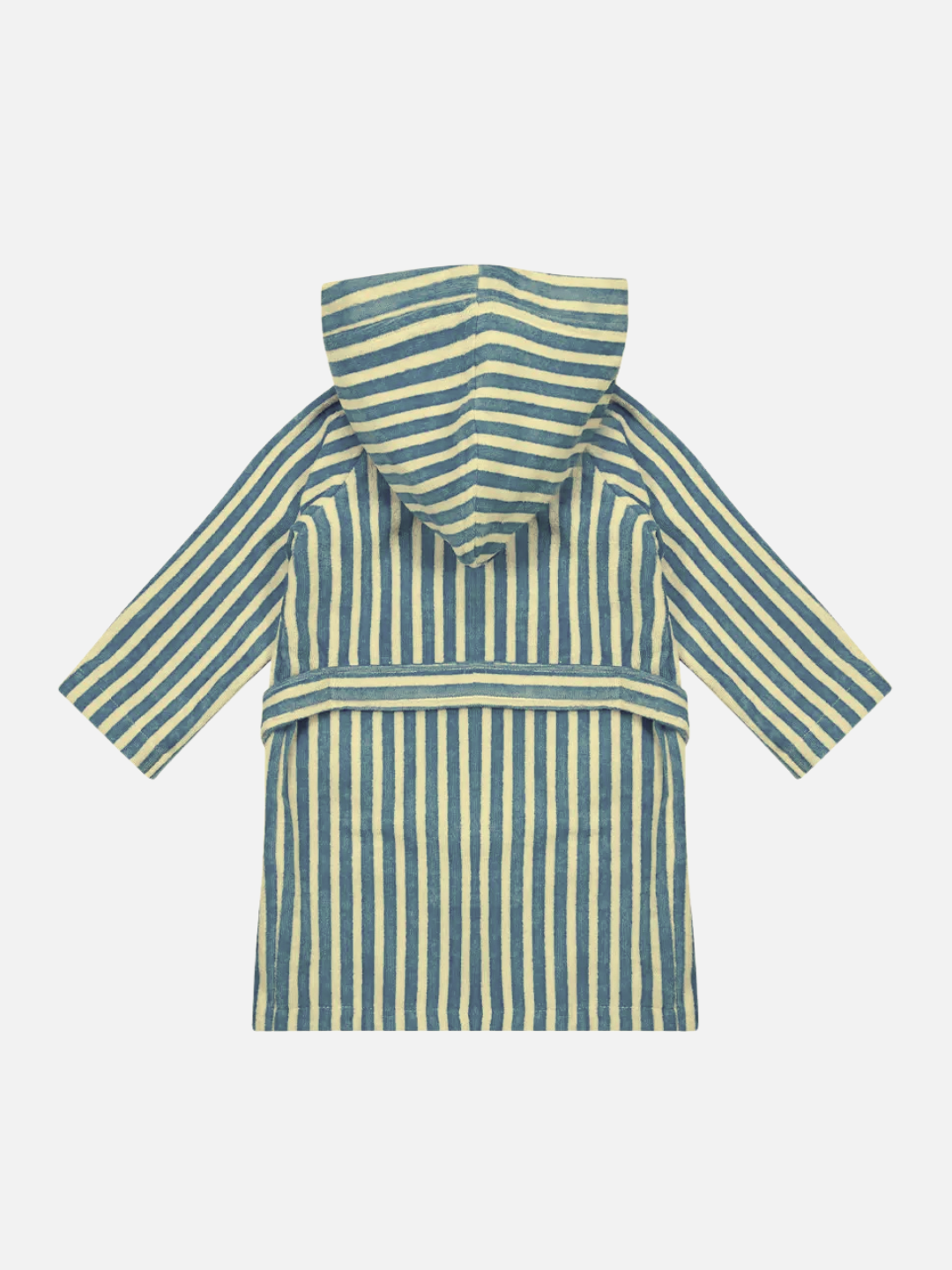 The STRIPED ROBE is a child’s blue and beige striped bathrobe, shown from the back with a waist belt. Made of velvety-soft cotton, it’s OEKO-TEX certified for safe and comfortable wear.