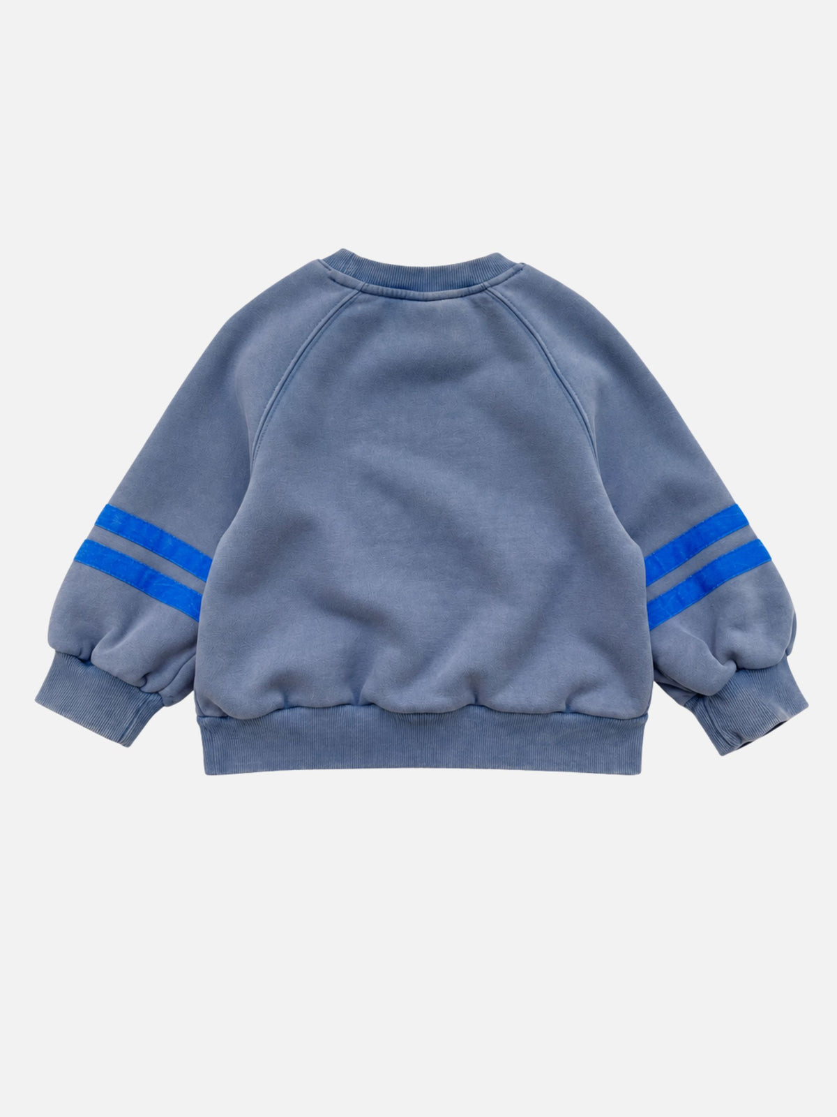 Back view of kids crewneck sweatshirt in medium blue with two bright blue stripes on each sleeve