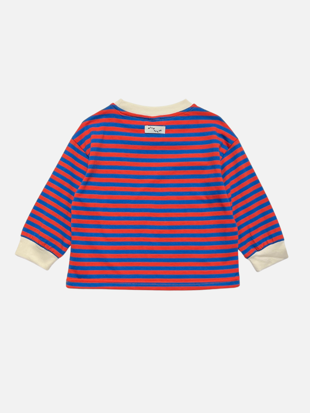 The STRIPE LONGSLEEVE is a relaxed-fit long sleeve tee made from 100% cotton jersey, showcasing red and blue horizontal stripes, cream-colored cuffs and collar, and a subtle label on the upper back.