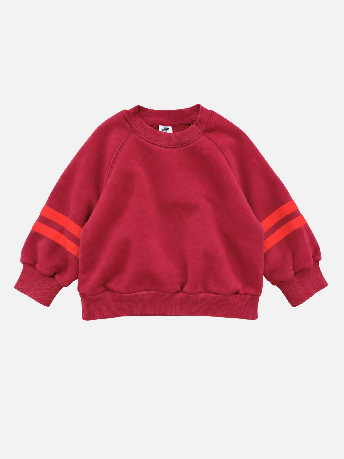 Front view of kids crewneck sweatshirt in red with two bright red-orange stripes on each sleeve