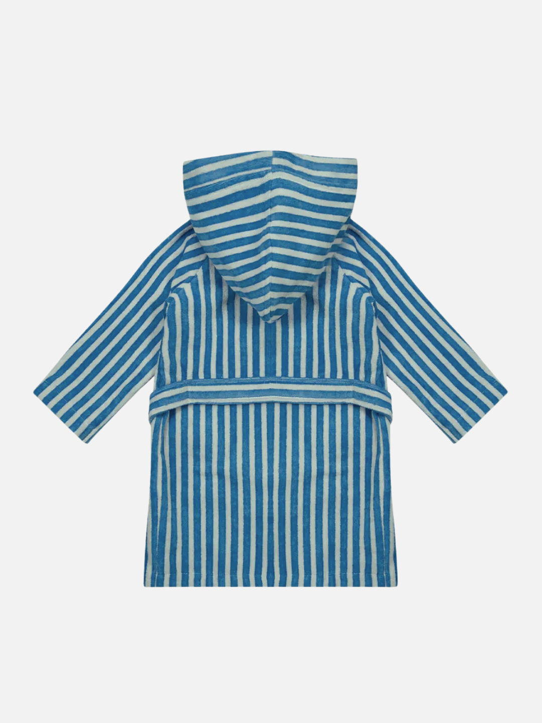 Green | The STRIPED ROBE is a blue and white striped towelling bathrobe with a hood, long sleeves, and a matching belt, made from velvety-soft cotton and shown flat on a plain background.