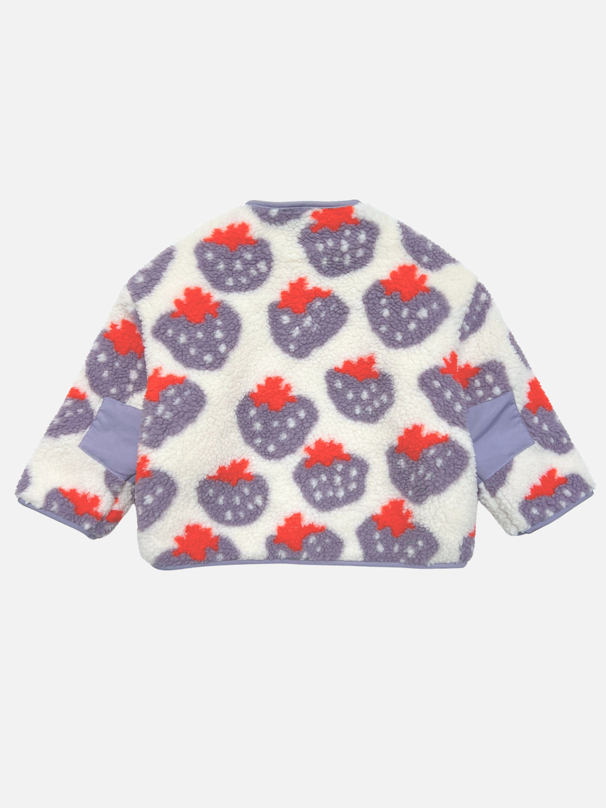 Back view of kids collarless sherpa jacket in cream fleece patterned all over in a purple and red strawberry print, with purple  elbow patches