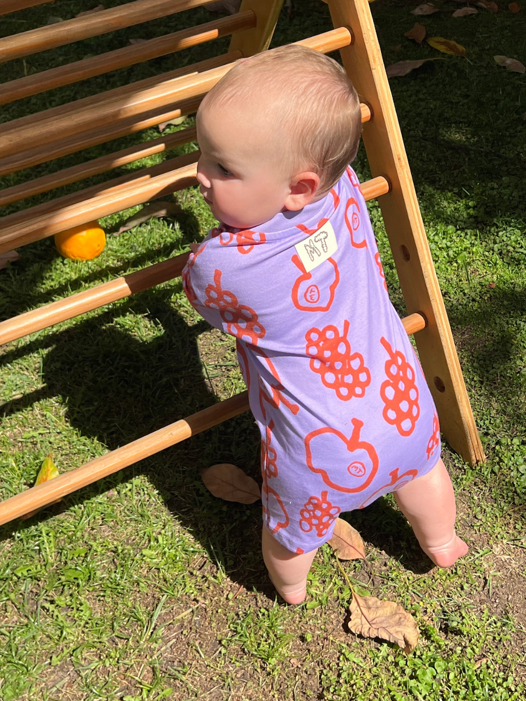 Baby standing on grass, wearing a purple romper with an orange apples and grapes pattern, leaning on a wooden toddler play structure.