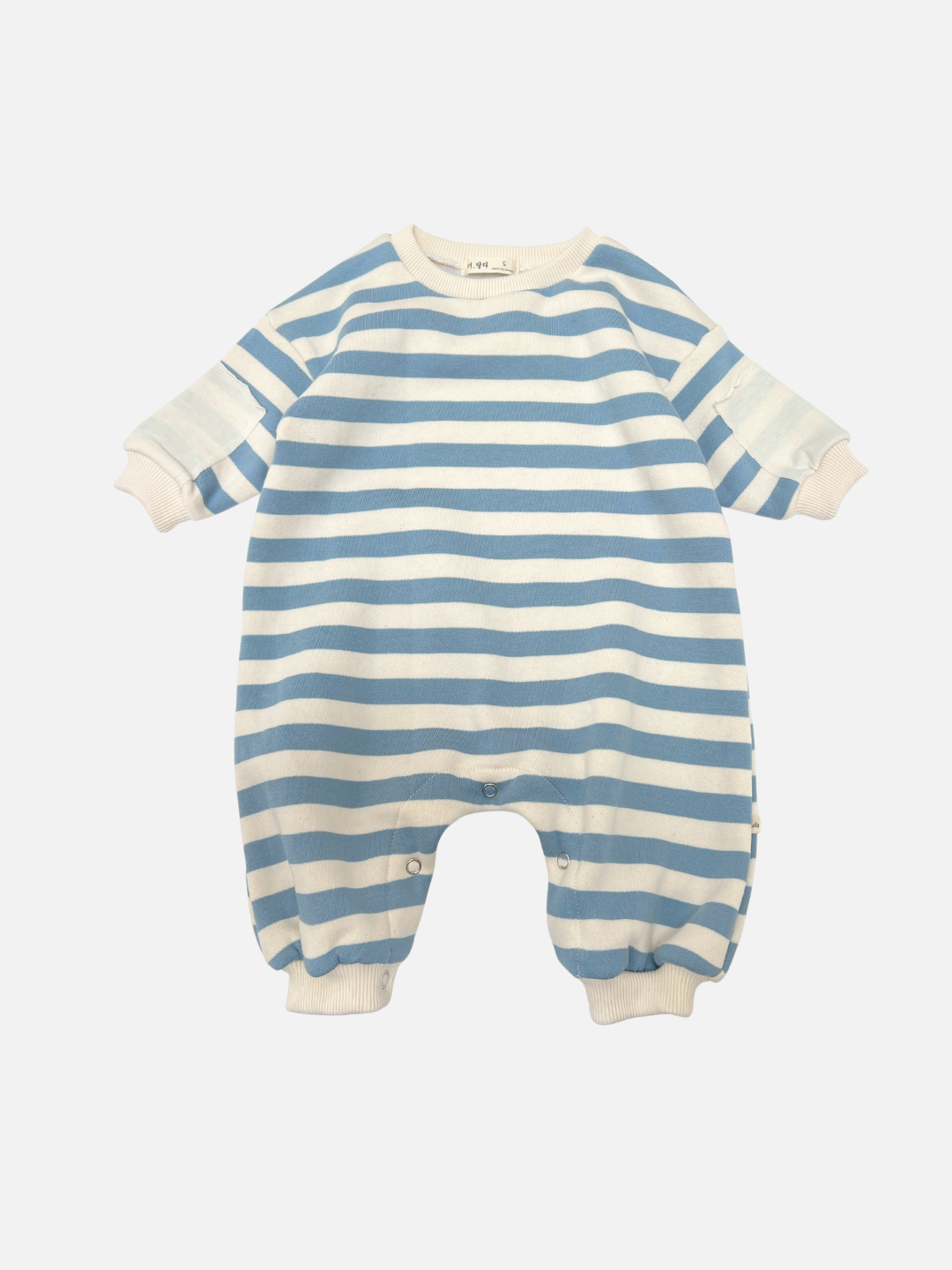 Blue and white striped baby romper on a white background