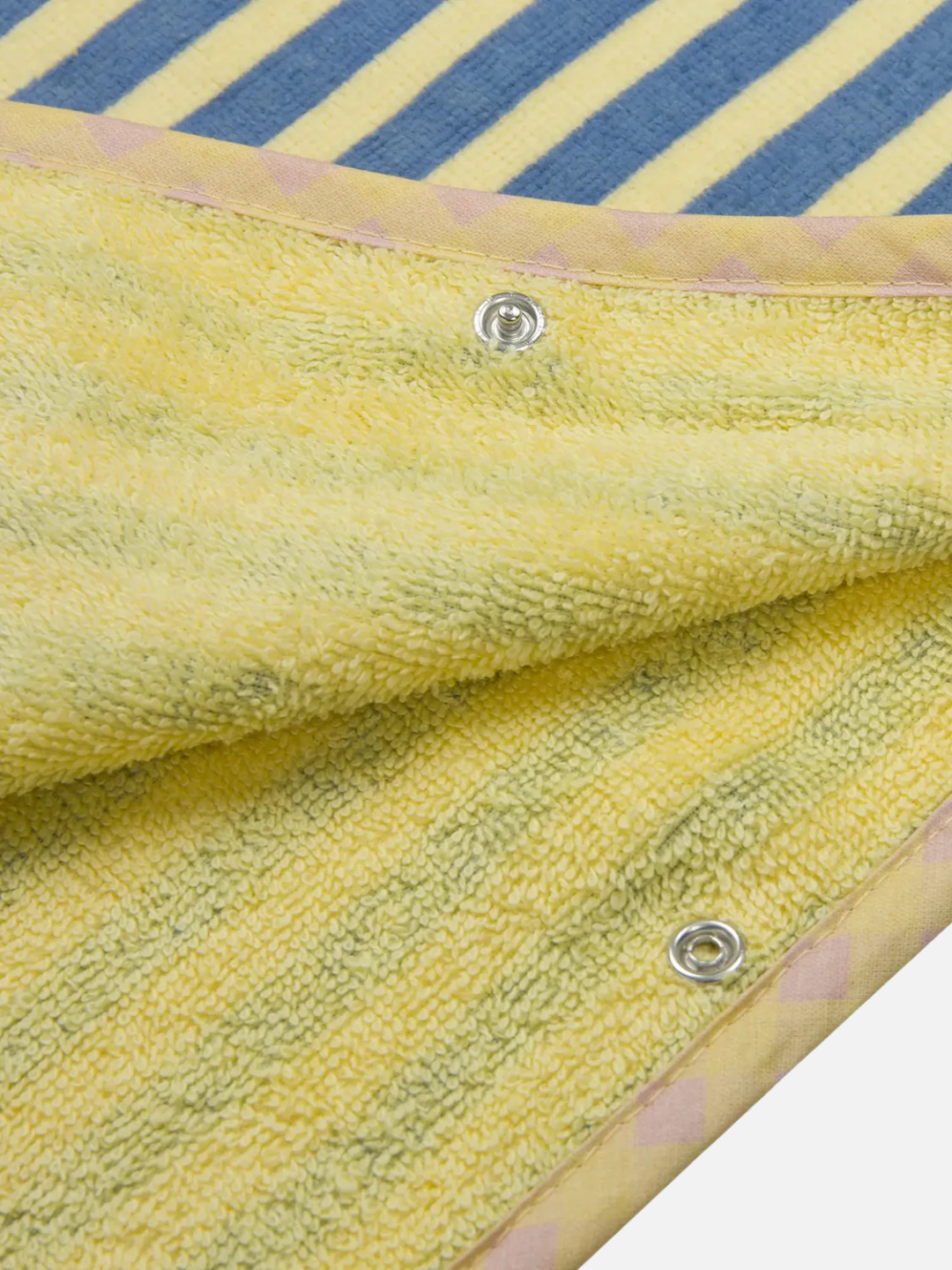 Close-up of the STRIPED PONCHO—yellow and blue stripes, metal snap buttons, soft yellow terry inner layer. OEKO-TEX certified for safety; a cozy kids bath poncho.