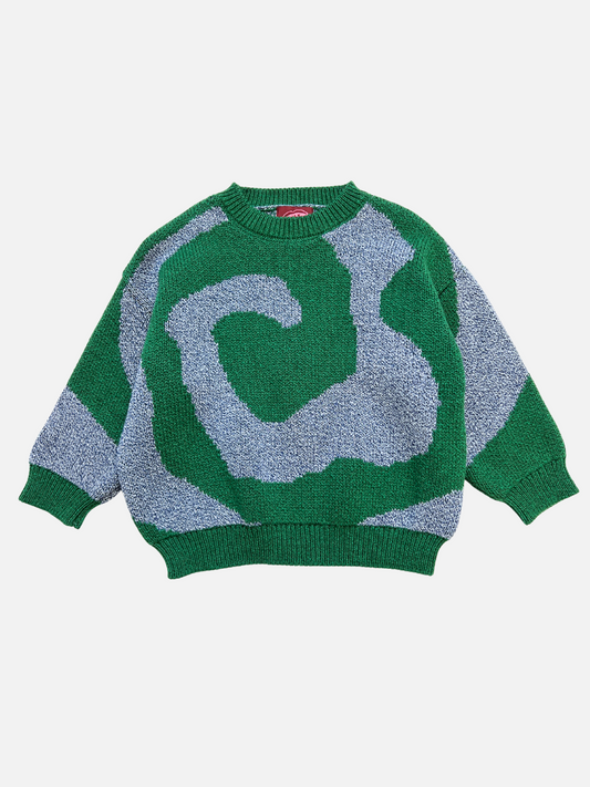 Image of Green/Blue | The SWIRL SWEATER in Green/Blue is an oversized knit with an abstract swirling pattern and ribbed cuffs, collar, and hem.