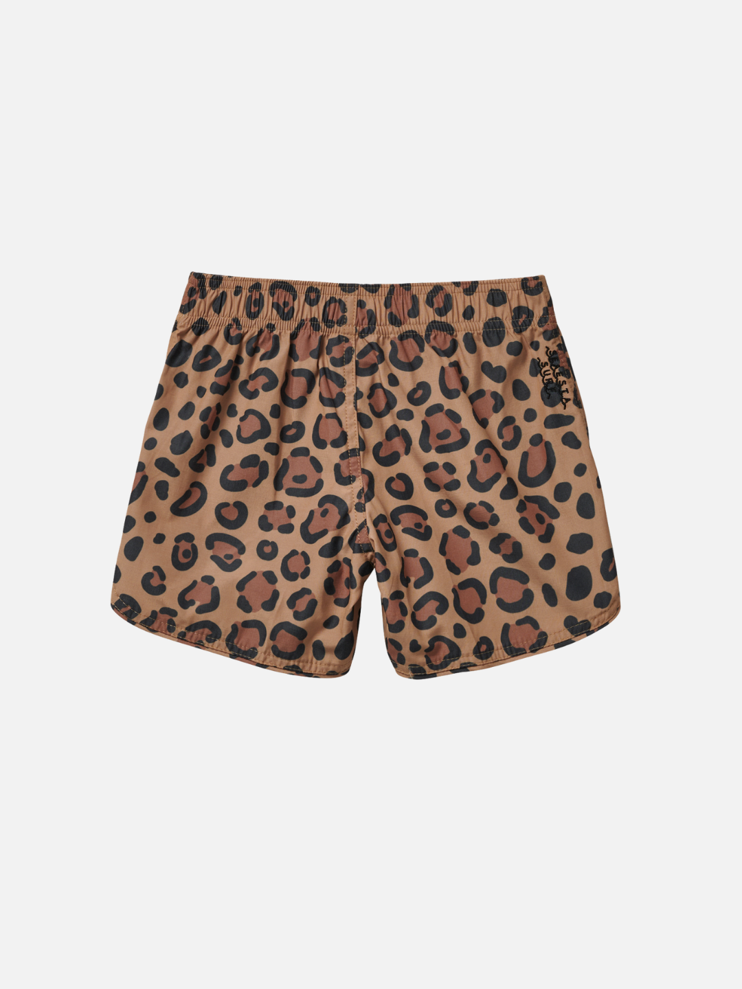 CALICO CRAB BOARDSHORTS, featuring a brown leopard print and an elastic waistband, laid on a white background, exude a vintage surf vibe.