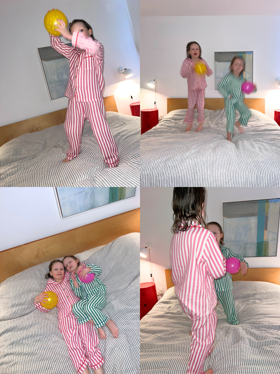 Pink Stripe | Two children in a MOVIE NIGHT SET of breathable cotton muslin set play with yellow and pink balls on a bed in a minimalist room.