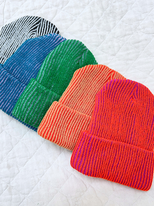 Second image of TWO-TONE RIB KNIT BEANIE in Poppy Magenta