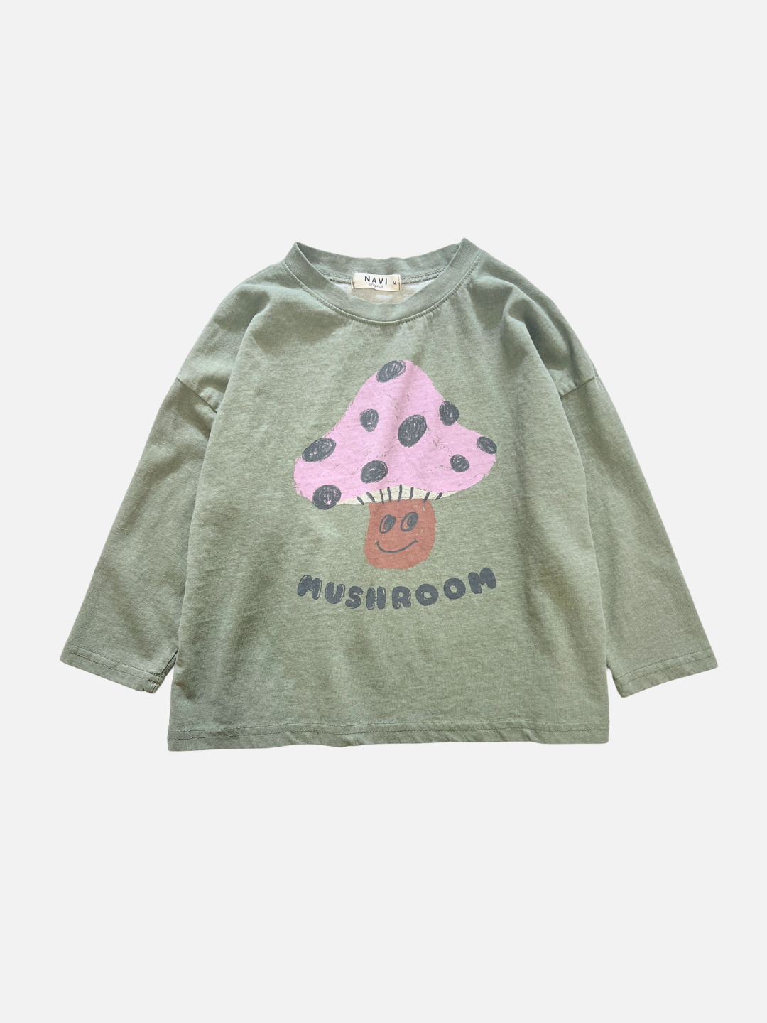 Green | A green long-sleeve shirt featuring a large pink and black spotted mushroom graphic with "MUSHROOM" underneath, called "MUSHROOM LONG SLEEVE TEE.